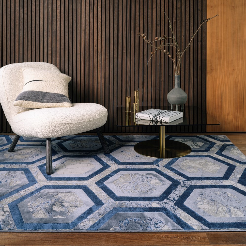 Aurora Hexagon AU19 Geometric Marble Rugs in Blue